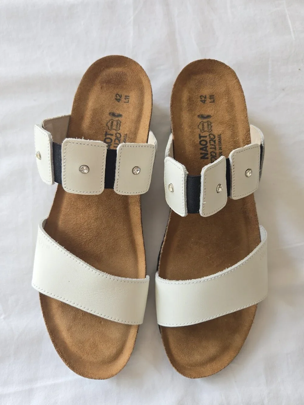 Naot Ashley White Leather Rhinestone Slide Sandals Size 42 (US 11)